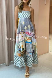 Lilipretty Wonderful Weekend Linen Blend Unique Print Smocked Back Pocketed Midi Dress