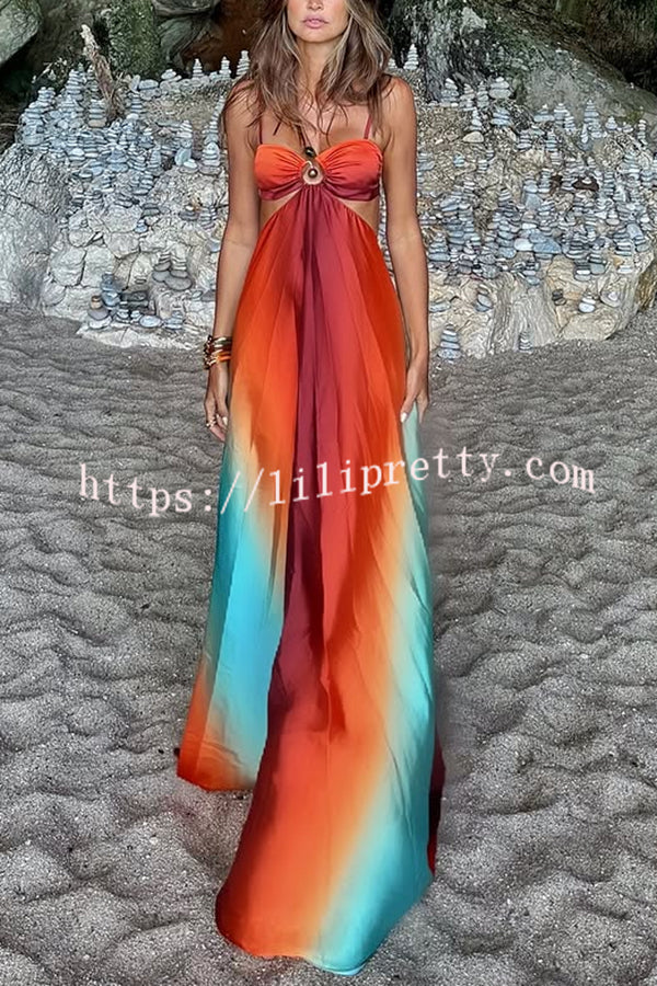 Neon Sunset Printed Metal Decoration Cutout Back Tie-up Vacation Maxi Dress