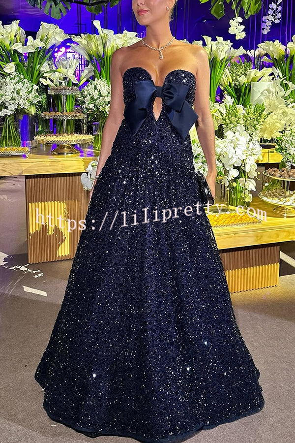 Sparkling Sky Sequin Satin Bow Detail Off Shoulder Prom Maxi Dress