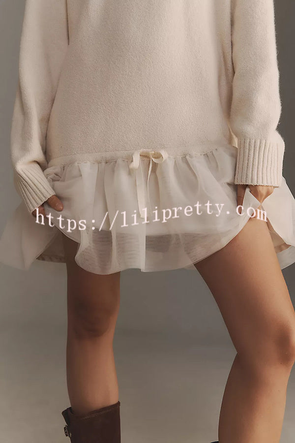 Holiday Cutie Knit Long Sleeve Turtleneck Tulle Twofer Mini Dress