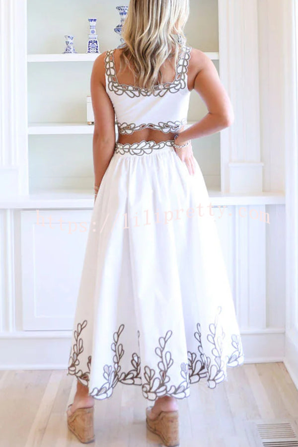 Perfect Vacation Embroidered Trim Crop Tank and Elastic Waist A-line Maxi Skirt Set