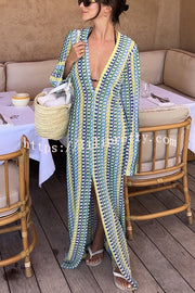 Lilipretty® Bondi Beach Knit Colorful Wave Print Long Sleeve Vacation Maxi Dress