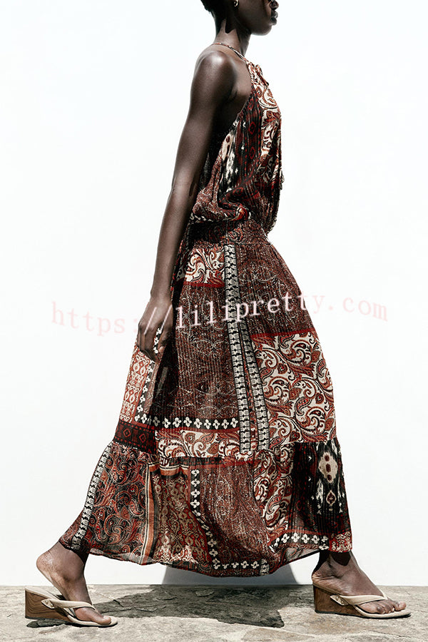 Ethnic Boho Colorblock Print Elastic Waist Resort Style Maxi Dress