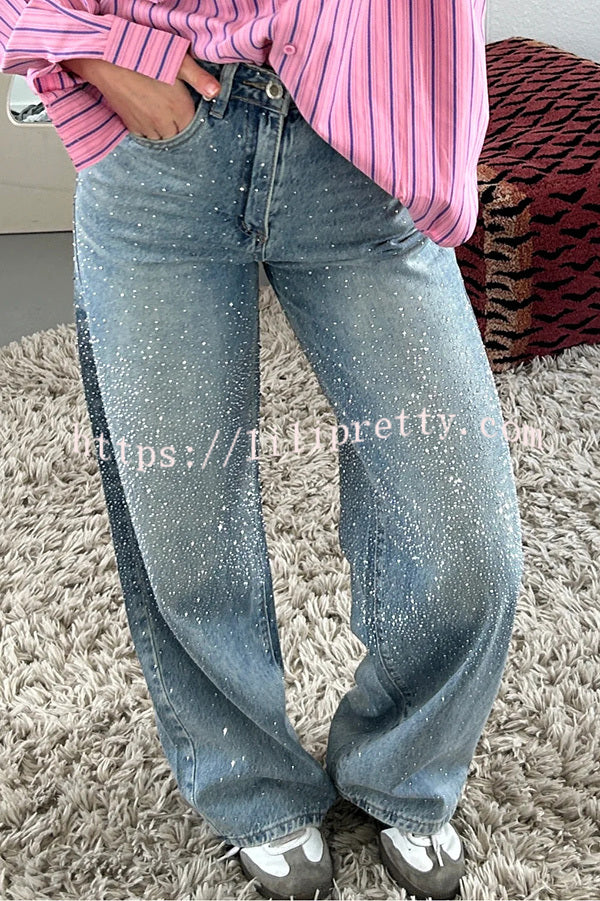 Fashionable Rhinestone Mid-rise Loose Pocket Straight Jeans