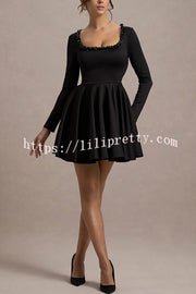 Playful Elegance Pearl Embellished Trim Long Sleeve Pleated Mini Dress