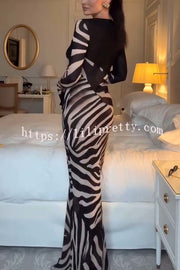 City Night Chiffon Colorblock Animal Print Tie-up Long Sleeve Maxi Dress