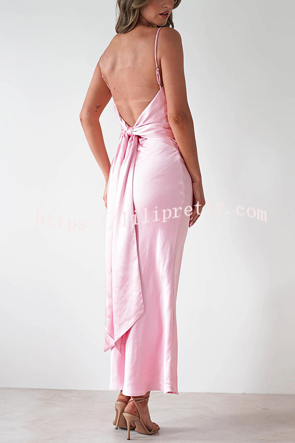 Satin Elegant Sling Backless Lace-Up Midi Dress