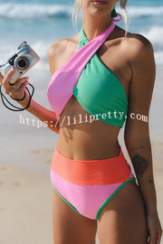 Lilipretty Summer Brights Ribbed Color Block Cross Halter Neck High Rise Bikini Swimsuit