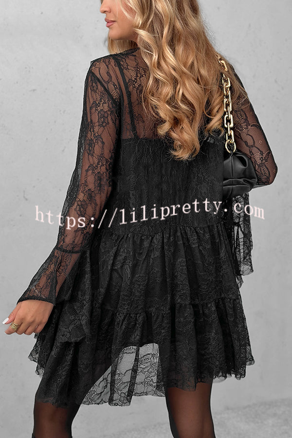Feeling Lighthearted Lace Ruffle Neck Bell Sleeve Layered Hem A-line Mini Dress