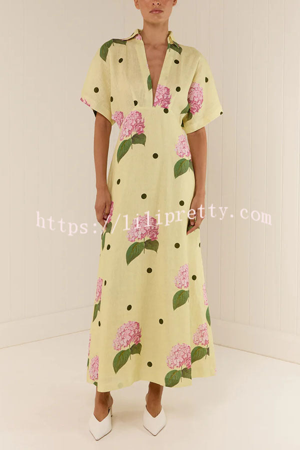 Jasmine Linen Blend Floral Polka Dot Wide Sleeve Shirt Maxi Dress