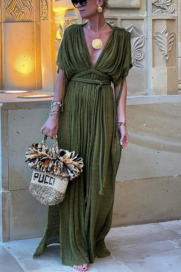 Greek Style Linen Blend Draped Braids Kimono Cover Up Slit Maxi Dress lilipretty Greek Style Linen Blend Draped Braids Kimono Cover Up Slit Maxi Dress lilipretty
