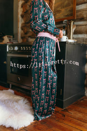 Satin Bow Print Long sleeve Loose Shirt and Elastic Waist Tie Loose Pants Set