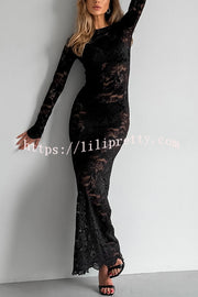 Sexy Openwork Lace Long-sleeved Slim-fit Fishtail Maxi Dress