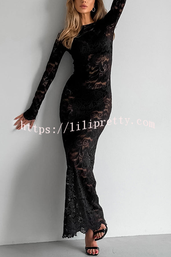 Sexy Openwork Lace Long-sleeved Slim-fit Fishtail Maxi Dress