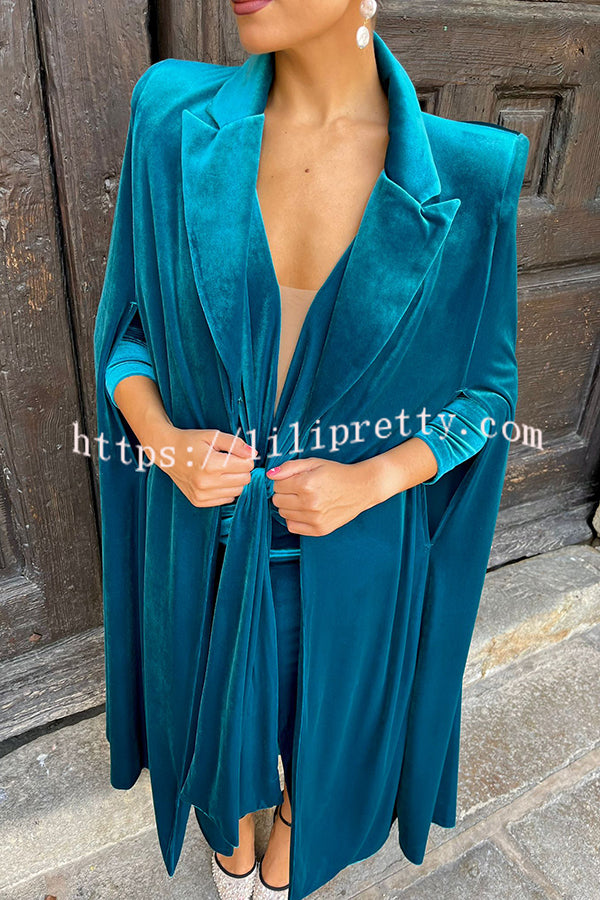 Olivienne Luxurious Velvet Padded Shoulders Slit Sleeve Lapel Midi Cape