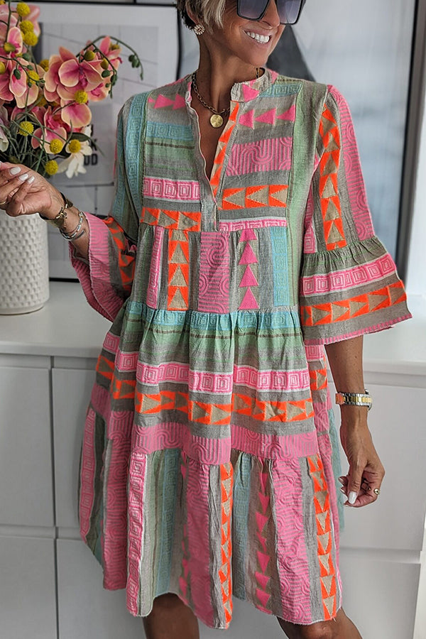 Lilipretty Just My Type Linen Blend Colorful Ethnic Print Bell Sleeve Babydoll Mini Dress