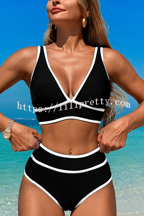 Solid Color Contrast High Waist Stretch Bikini Swimsuit