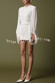 Solid Color Round Neck Lantern Long Sleeve Pleated Casual Mini Dress