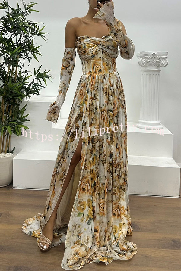 Reina Chiffon Floral Print Pleated Bodice Split Sleeve Strapless Slit Maxi Dress