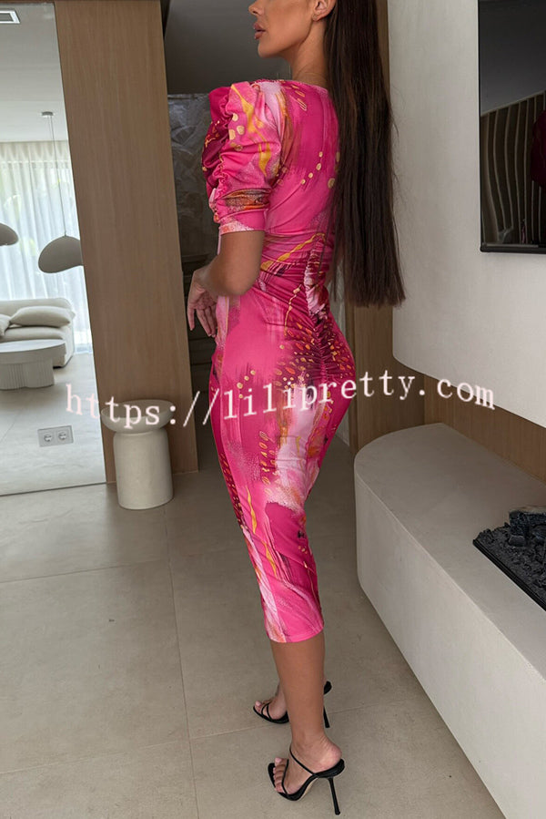 Unique Print V-Neck Puff Sleeve Slit Slim Midi Dress