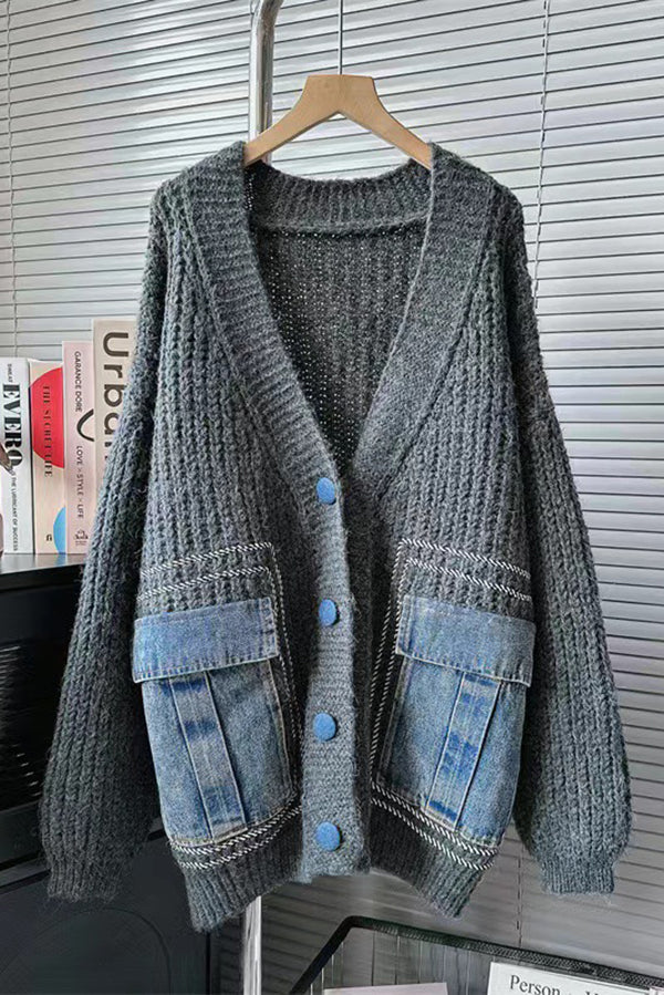 Fashionable Loose Spliced denim Pocket Knitted Sweater Cardigan