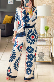 Unique Printed Lapel Long-sleeved Loose Shirt and Casual Pocket Wide-leg Pants Set