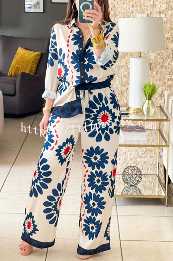 Unique Printed Lapel Long-sleeved Loose Shirt and Casual Pocket Wide-leg Pants Set