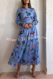 Lilipretty Special Holiday Linen Blend Unique Print Cut Out Puff Sleeve Lightweight Midi Dress
