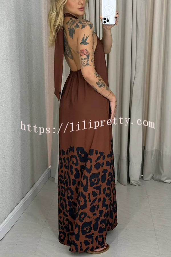 Leopard Print Sexy Halter Neck Backless Loose Maxi Dress