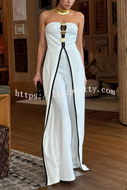 Fashionable Contrast Color Off-shoulder Metal Decoration Casual Elegant Jumpsuit