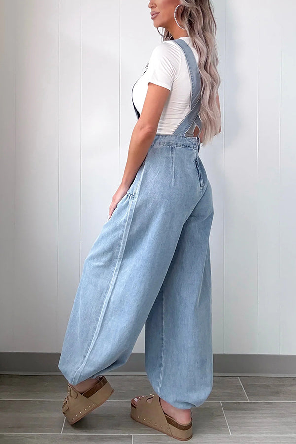 Fashion Casual Pocket Loose Wide-leg Adjustable Leg Cuffs Denim Overalls