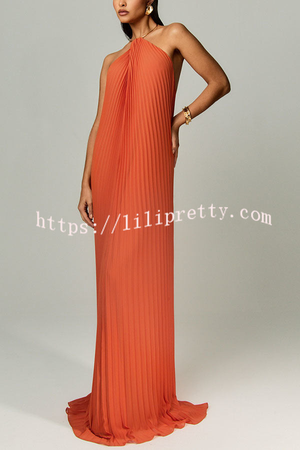Coralie Pleated Metal Ring Halter Backless Loose Maxi Dress
