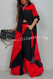 Unique Printed Casual Loose Long Shirt and Elastic Waist Pocket Wide Leg Pants Set