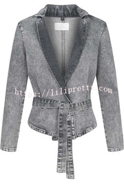 Casual Meetup Denim Stand Neck Long Sleeve Belted Loose Jacket