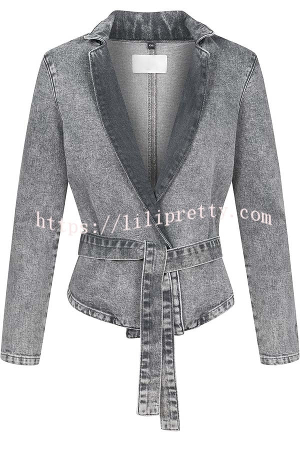 Casual Meetup Denim Stand Neck Long Sleeve Belted Loose Jacket