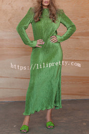 Hansin Satin Pleated Fabric Long Sleeve Wavy Trim H-line Slit Midi Dress