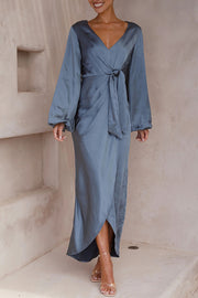 Lilipretty Naomi Satin Strappy V Neck Long Sleeved Wrap Dress