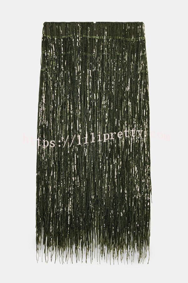 Party Crasher Layered Sequined Tassels High Rise Back Zipper Midi Skirt