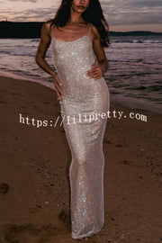 Midnight Fantasy Sequin Mesh Shoulder Strap Open Back Stretch Maxi Dress