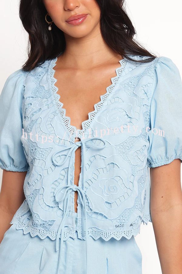 Fashionable V-neck Tie Puff Sleeve Top and Casual Pocket Shorts Set