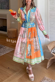 Unique Print Lapel Lantern Sleeve Single Breasted Tie Waist Midi Dress