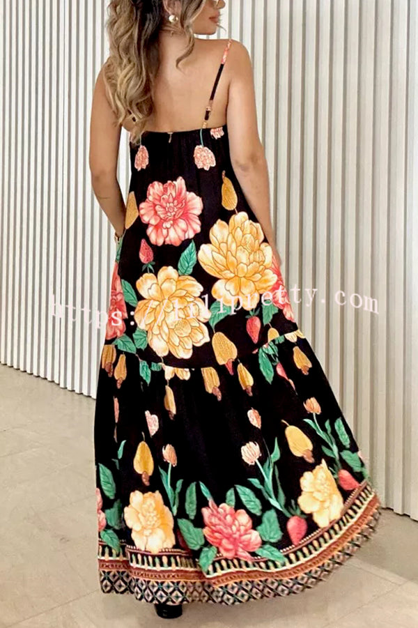 Floral Print Halter Back Loose Pocket Full Hem Maxi Dress