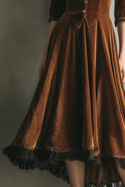 Fashionable Velvet and Lace Patchwork V-neck Button Midi Dress