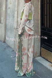 Antibes Satin Court Unique Printed Long Sleeve Loose Shirt and Elastic Waist Pants Set