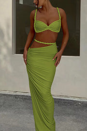 Sexy Halter Back Braided Suspender Top and Beach Holiday Style Hip-wrapped Maxi Skirt Set