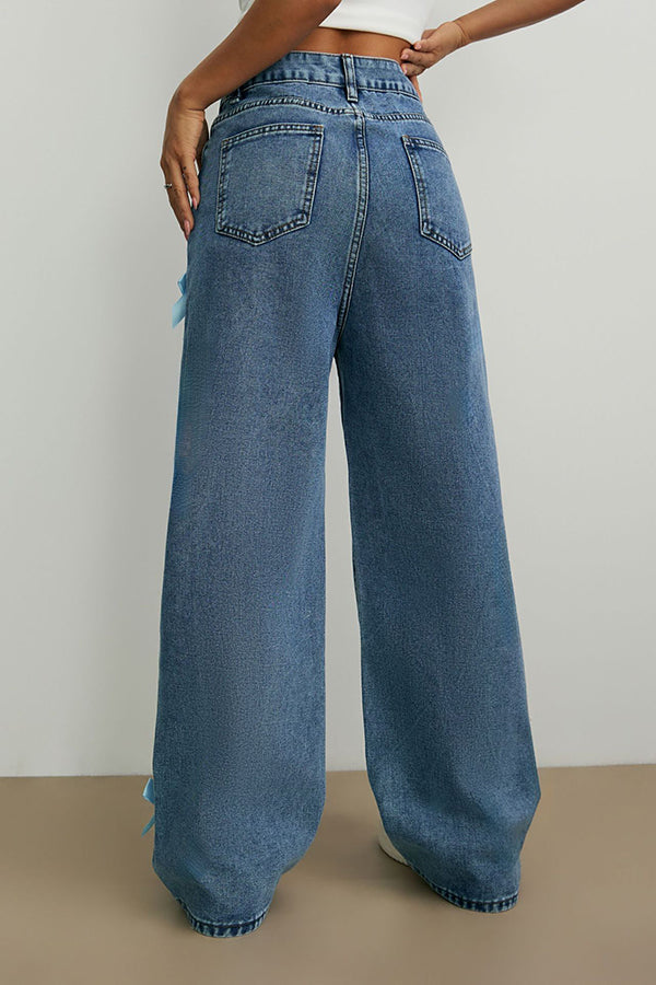 Fashion Bow Embellished High-Rise Casual Pocket Straight Jeans