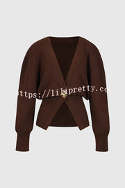 Only Yours Knit Metal Leaf Shape Button Lantern Sleeve Relaxed Cardigan