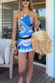 Lorian Unique Print Chain Halter Neck Cutout Waist Stretch One-piece Swimsuit