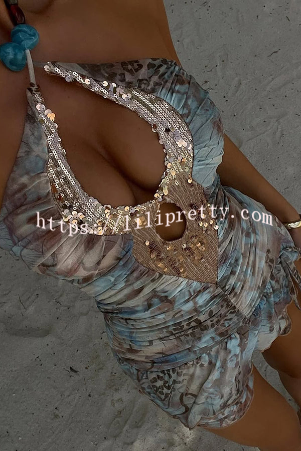 Sexy Halterneck Hollow Sequined Patchwork Slim Fit Mini Dress