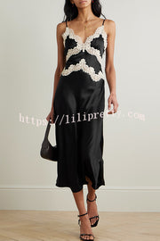 Dreaming of You Contrast Color Satin Lace Trim Back Tie-up Slip Midi Dress